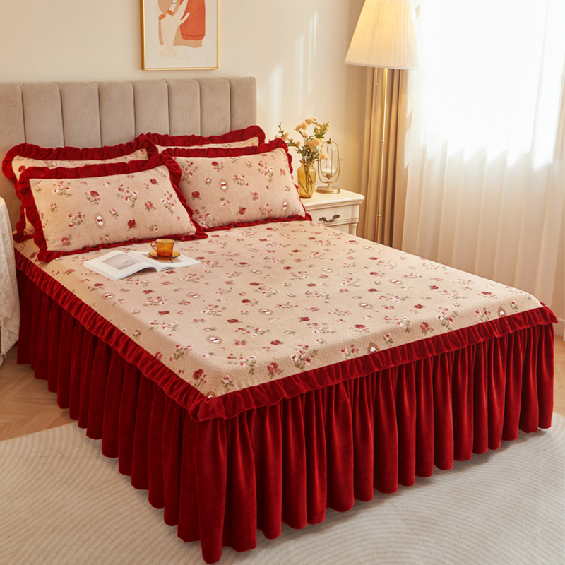 秋冬田园风碎花牛奶绒床裙式床罩单件法兰珊瑚绒保暖荷叶花边床套