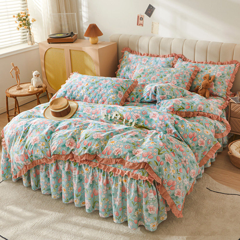 韩版田园公主风夹棉床裙四件套荷叶花边被套春秋四季通用床上用品