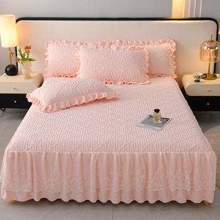 公主风牛奶绒夹棉蕾丝床裙单件韩式 纯色花边加绒床罩席梦思保护套