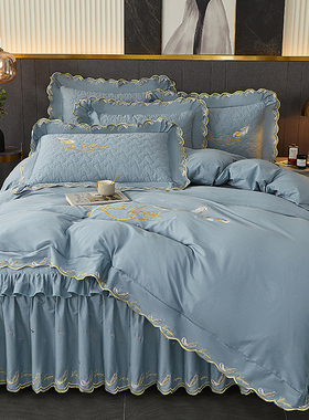 欧式高端夹棉床裙款四件套奢华纯棉刺绣花边被套床单四季通用床品