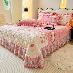 冬季 加厚牛奶绒床盖单件荷叶花边床单床裙榻榻米铺盖毯保暖三件套