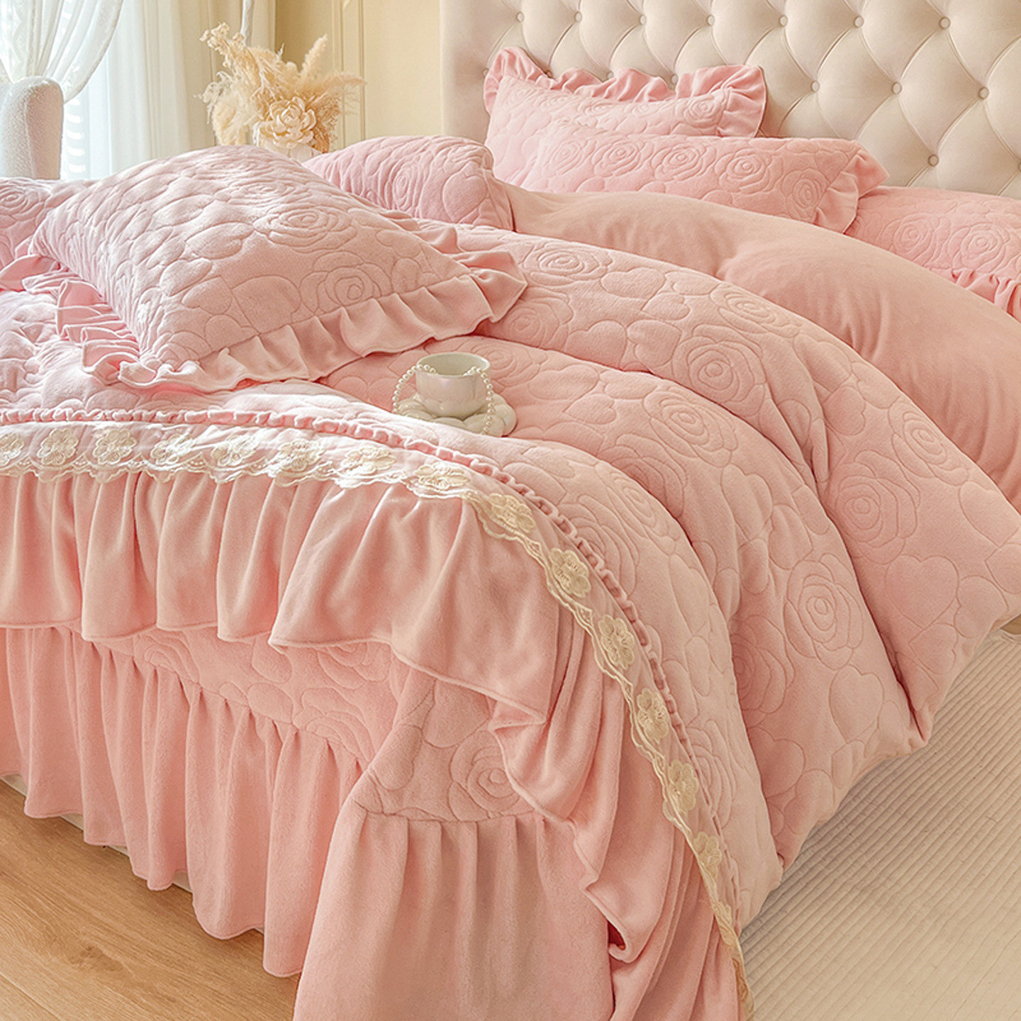 加厚牛奶绒夹棉绗缝被套单件加枕套四件套公主风荷叶花边被罩冬季