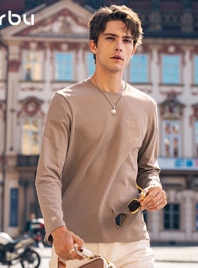 MrBu布先生长袖T恤男款字母印花秋冬正肩圆领上衣时尚咖色KT15658