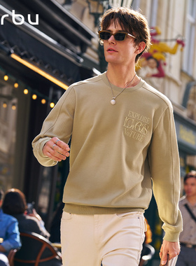 MrBu布先生圆领薄卫衣绿色2025秋冬男士新款长袖刺绣上衣KT16599