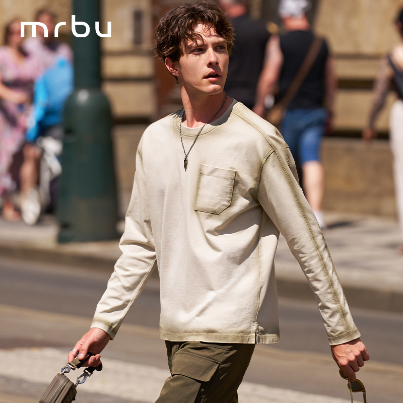 布先生圆领长袖T恤男士做旧