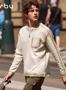 MrBu布先生圆领长袖T恤男士做旧晕染长绒棉双肩线显瘦KT16567断码