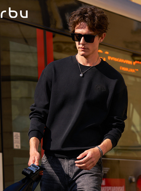 MrBu布先生廓形版圆领黑色卫衣秋冬百搭男士新款长袖做旧KT16607
