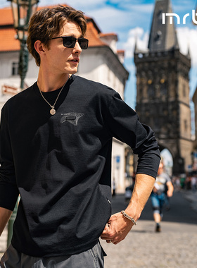 MrBu布先生长袖T恤男款纯棉上衣秋冬圆领印花体恤黑色宽松KT15663