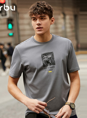 MrBu布先生短袖t恤男士鲨鱼印花纯棉透气夏季灰色上衣时尚GT01139