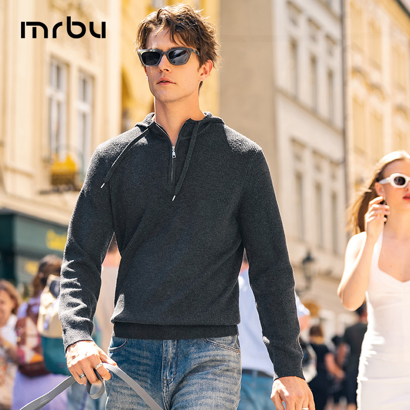 MrBu布先生毛衣男纯色针织衫卫衣长袖连帽秋冬时尚半拉链KT15781