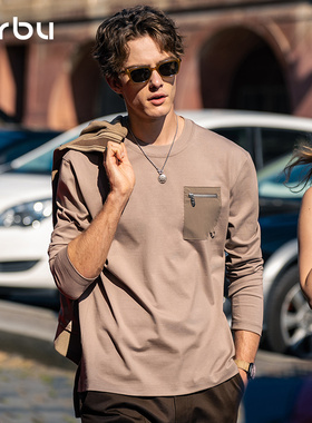 MrBu布先生长袖T恤男款秋冬设计感口袋宽松咖色圆领上衣KT15673