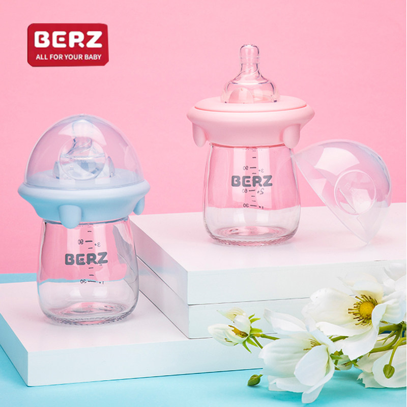 BERZ贝氏婴幼儿l玻璃奶瓶耐高温防漏奶瓶180ml防胀气防呛两用水杯