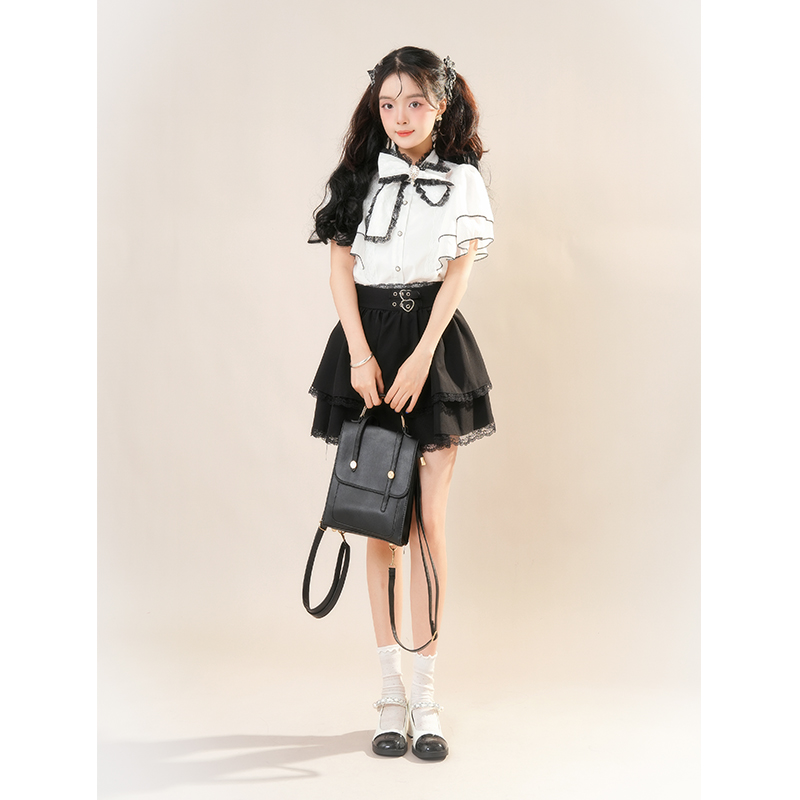 2025年夏季rojita清楚系日系甜美蝴蝶结气质上衣衬衫+短裙两件女