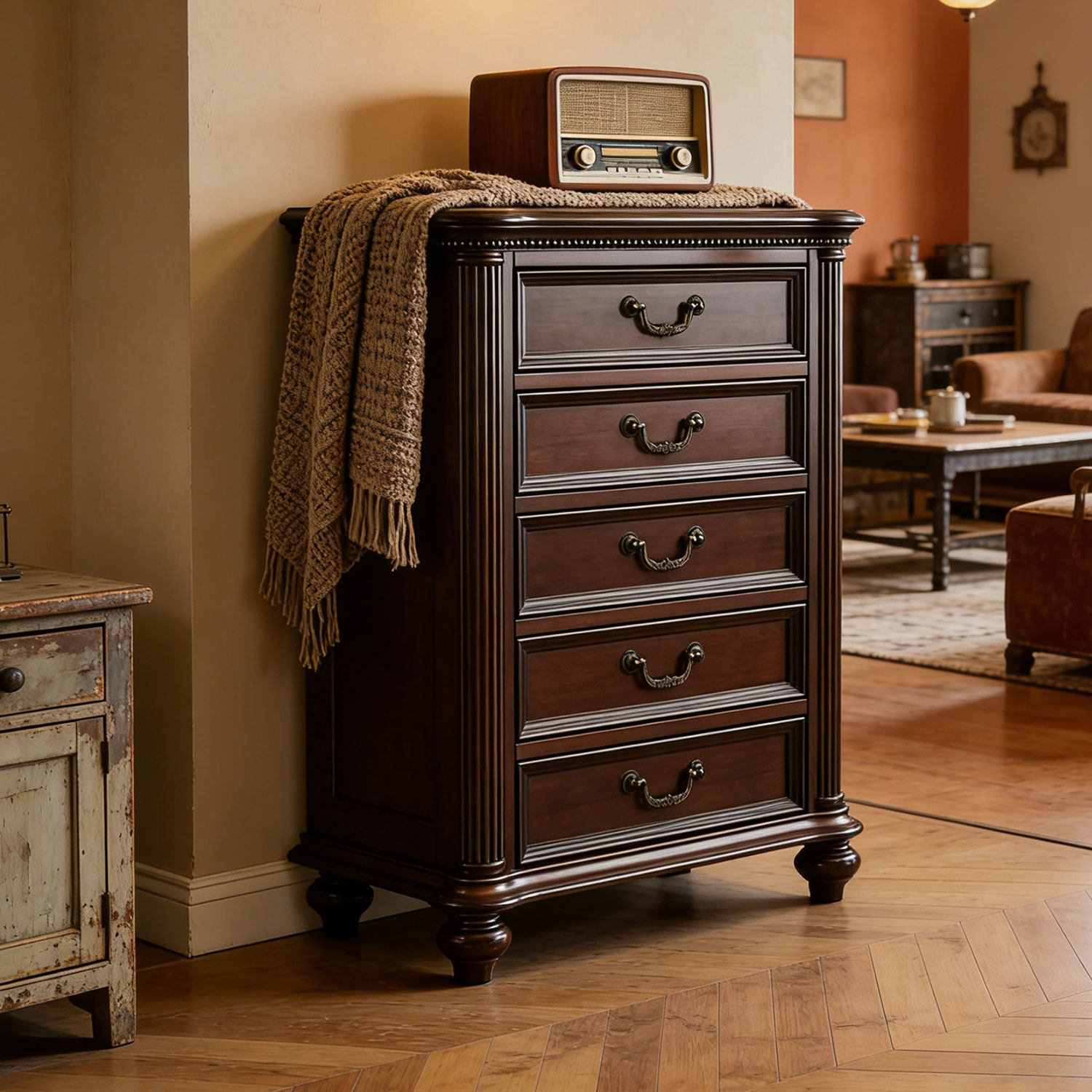 奥克维尔美式乡村全实木五斗柜复古客厅收纳柜整装六斗储物柜