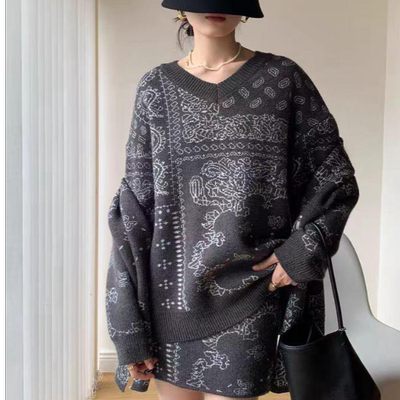 中国风复古港风慵懒风时尚套装针织印花休闲上衣 T021