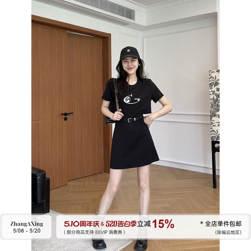 张阿星【镂空腰】 印花正肩黑色拼接连衣裙女夏季休闲短袖A字裙子