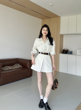 张阿星【首尔街】港风复古干练通勤单排扣设计感皮带收腰连衣裙