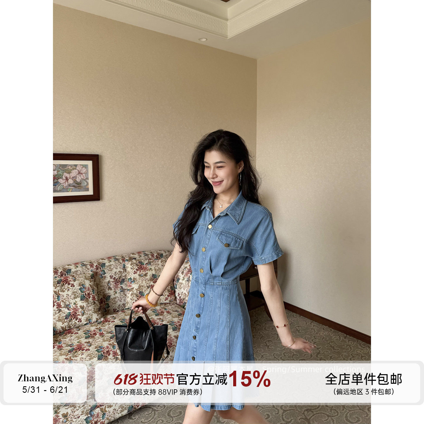 张阿星【玩转牛仔】莱赛尔棉水洗蓝翻领收腰小百褶设计显瘦连衣裙