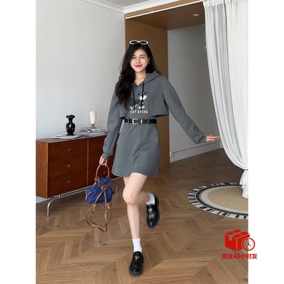 张阿星【岛屿午后】时髦松弛感卡通狗狗印花连衣裙高级灰百搭款