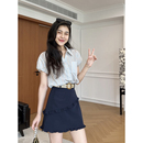 半身短裙套装 张阿星 木耳边裙裤 清风假日 女 条纹天丝亚麻衬衫