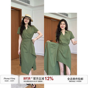 棉麻法式 张阿星 新款 夏季 V领遮肚收腰显白气质连衣裙 绿野风声