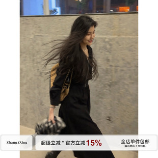 张阿星【漫步米兰】腰封收腰高腰V领黑色赫本小黑裙高级感连衣裙