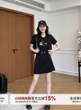 张阿星【镂空腰】 印花正肩黑色拼接连衣裙女夏季休闲短袖A字裙子