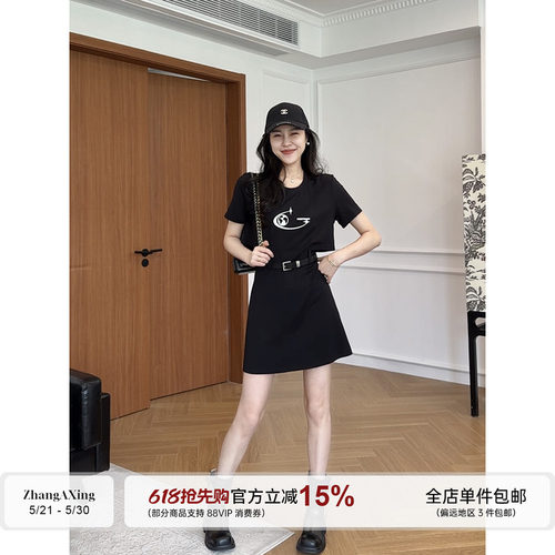张阿星【镂空腰】 印花正肩黑色拼接连衣裙女夏季休闲短袖A字裙子