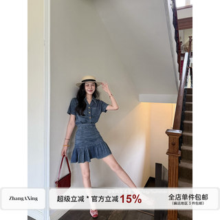 张阿星【牛仔之夏】莱赛尔清爽随性气质褶皱掐腰显瘦荷叶边连衣裙