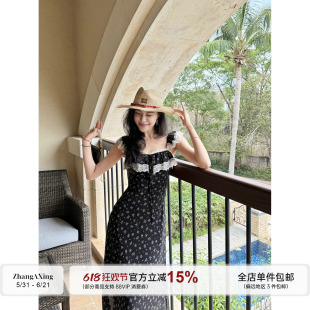 张阿星【夏日花絮】法式度假复古蕾丝碎花小飞袖吊带连衣裙