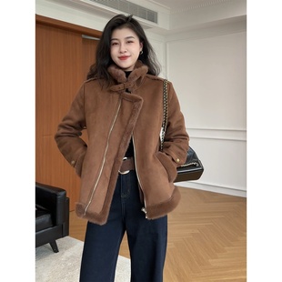 张阿星【北欧暖冬】复古休闲风咖色皮毛一体立领加厚保暖气质外套