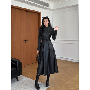 张阿星【高知御姐】冬日赫本气质假两件波点拼接褶皱收腰连衣裙