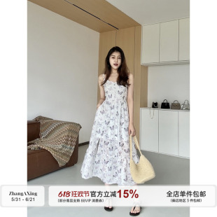 张阿星【白底蝴蝶】春季新款法式荷叶边蝴蝶印花开叉修身连衣裙
