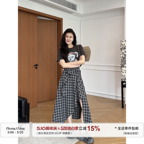 张阿星【撒野套装】美式高街短袖T恤+不规则格子半身裙两件套装夏