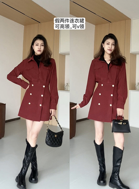 张阿星【芬兰日记】冬新款半高领假两件拼色高腰线时尚百搭连衣裙