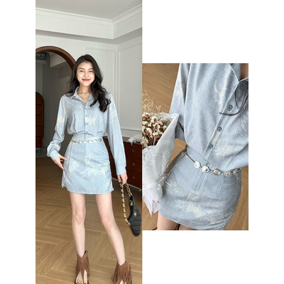 张阿星【朦胧海岛】复古港风扎染衬衫领腰链收腰修身款长袖连衣裙