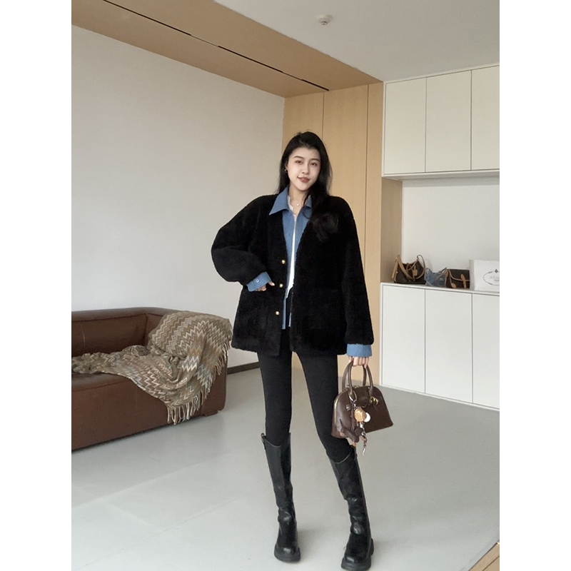 张阿星【买手店女孩】2025新款假两件拼接撞色加厚保暖毛毛外套