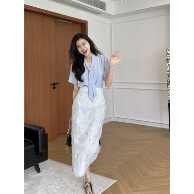 【现货】张阿星【简意时光】通勤天菜!气质V领飘带衬衫半裙套装