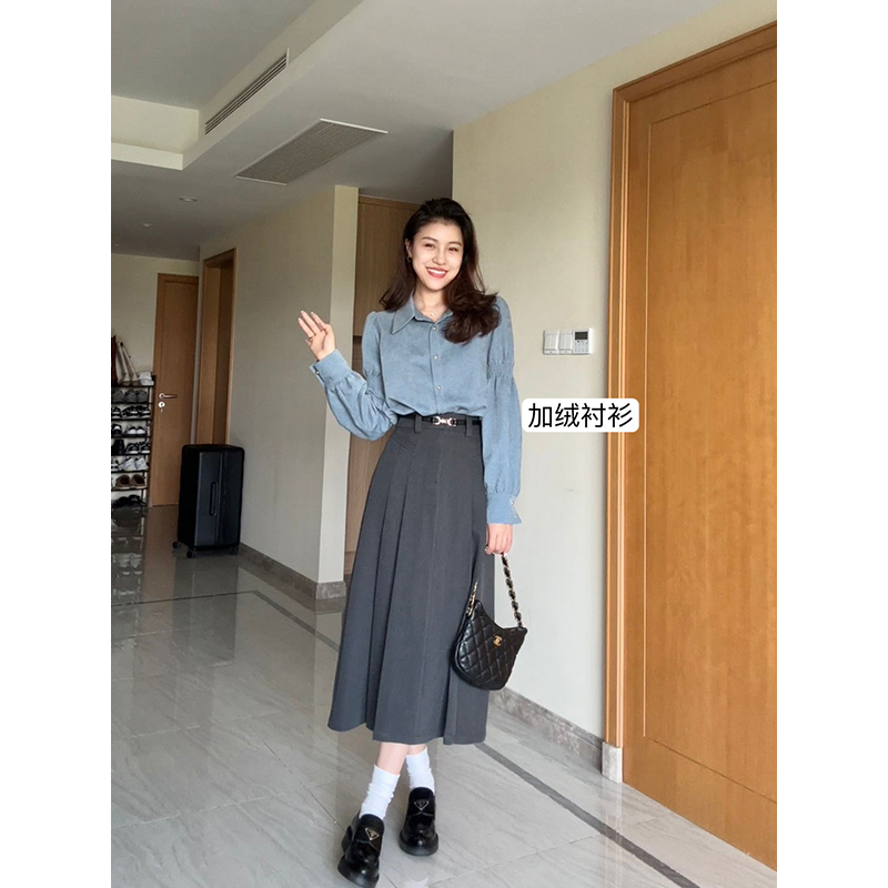 褶皱显瘦衬衫高腰百褶半裙