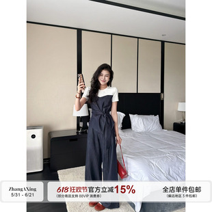 张阿星【蓝调夏日】假两件腰带收腰撞色拼接上衣+显瘦轻薄直筒裤