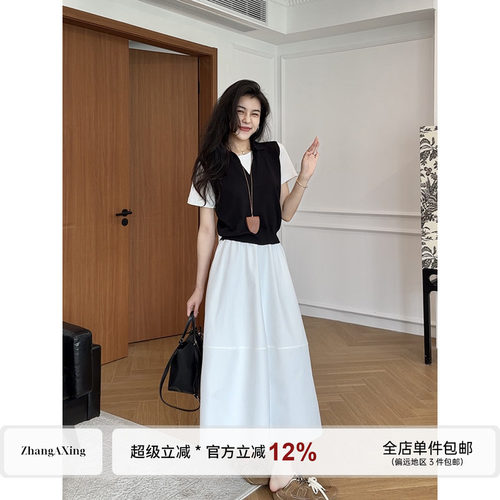 张阿星【夏夜晚风】莱赛尔假两件短袖T恤上衣+半身裙两件套装女夏