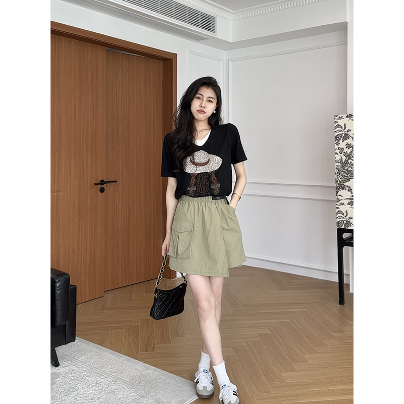 张阿星【多色套装】竹节麻透气短袖T恤+高腰休闲裙裤半身裙套装女