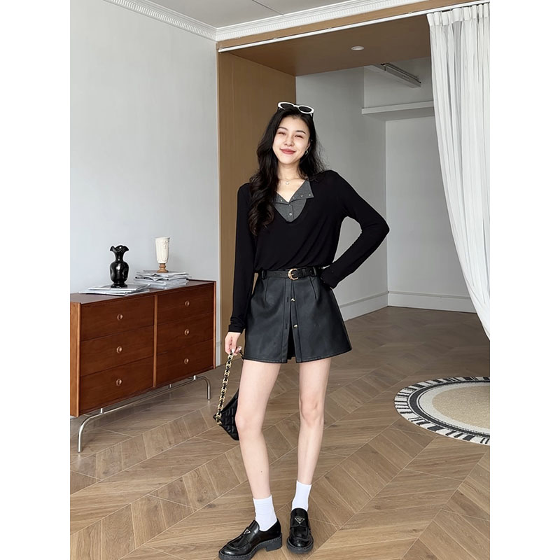 张阿星【自在腔调】韩系慵懒假两件翻领上衣+拼接皮半裙裤
