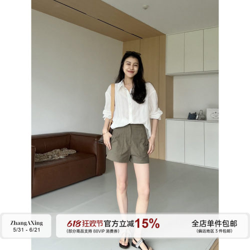 张阿星【沿海假日】韩系休闲翻领竖纹休闲气质衬衫+ 高腰工装短裤
