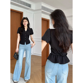 两件套装 张阿星 微喇牛仔裤 简约复古收腰V领衬衫 女夏 素境生活
