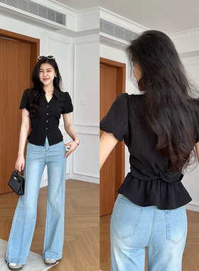 张阿星【素境生活】简约复古收腰V领衬衫+微喇牛仔裤两件套装女夏
