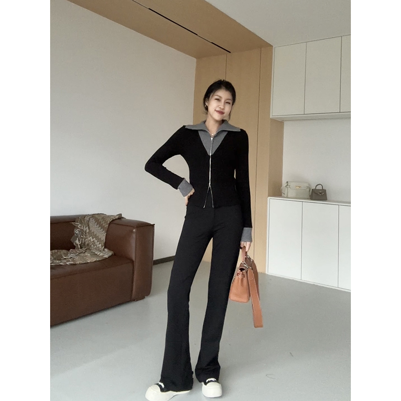 张阿星【黑灰拼色】大翻领遮肉撞色显瘦针织衫神裤套装W423S10587