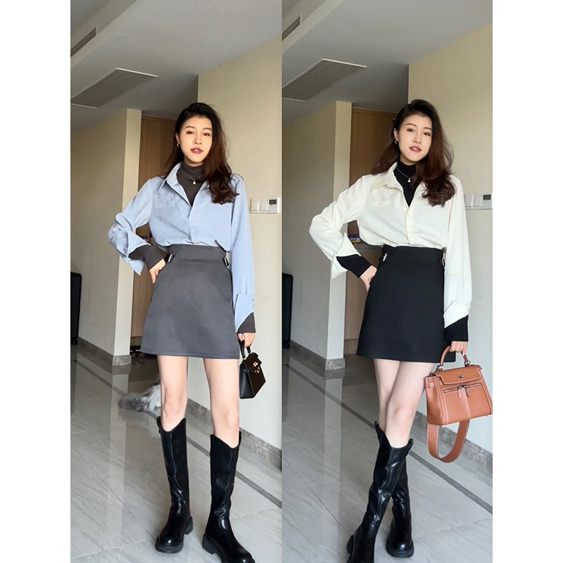 张阿星【拼接半裙套装】假两件衬衫高腰扣袢拼接半裙  W423G09352