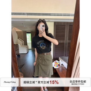 张阿星【街头工装】水洗黑纯棉百搭短袖T+复古工装口袋遮肉半裙夏