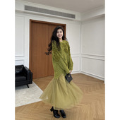 中式 张阿星 空竹晚 绝美秋冬宽松遮肉质感毛衣拼纱设计感连衣裙